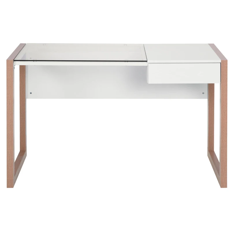 HOMCOM Scrivania Moderna di Design in Legno e Vetro Temperato con Cassetto, Bianca e Color Legno, per Ufficio, 120x60x75cm
