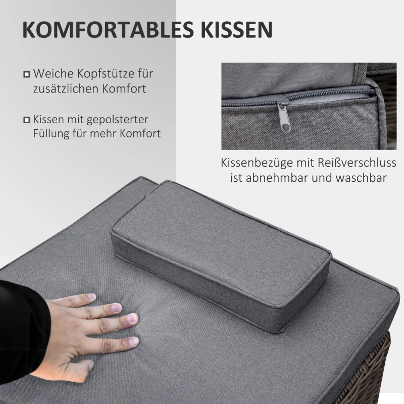 Outsunny Poly-Rattan Sonnenliege 3-tlg. Gartenliege mit 6-Fach Verstellbarer Rückenlehne Beistelltisch Nackenkissen Gartenmöbel Aluminium Grau 60 x 195 x 91 cm