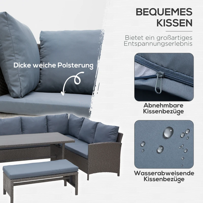Outsunny Outdoor-Sitzgarnitur, 4-teilige Sitzgruppe, Gartenmöbelset mit Beistelltisch, Metall, Rattan, Grau, 172 x 67 x 74 cm
