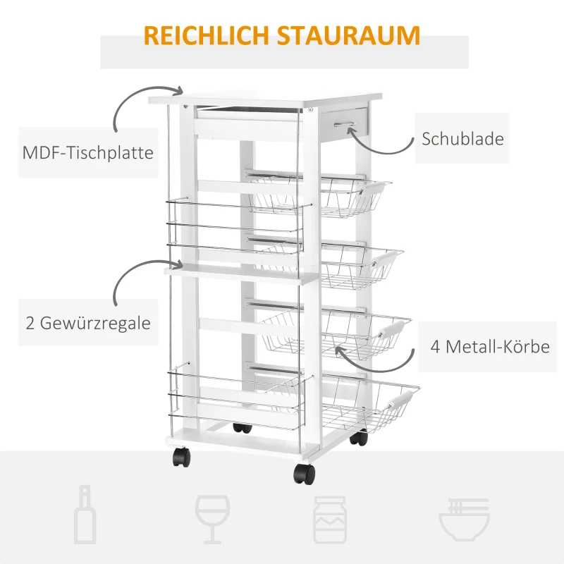 HOMCOM Küchenwagen, 5 Ebenen Servierwagen mit Arbeitsplatte, Rollwagen, Küchenregal mit Rollen, Schublade und Metallkörben, Kiefernholz Weiß 47 x 37 x 83 cm