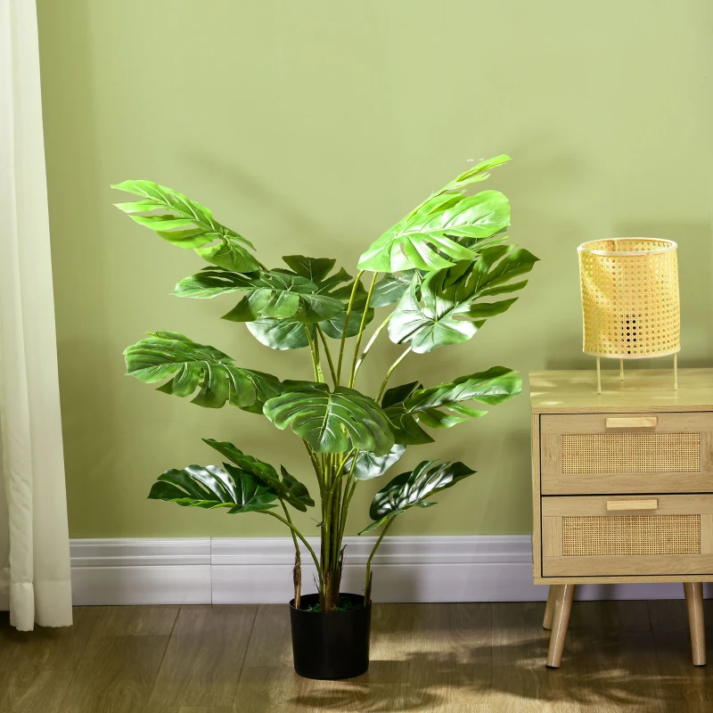 HOMCOM Kunstpflanze Realistische Kunstpflanze Monstera Deliciosa,1 Übertopf und Zementerde,17,5 cm x 17,5 cm x 120 cm, Grün
