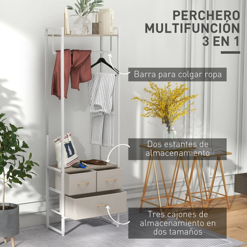 HOMCOM Perchero para Ropa Perchero Recibidor con 3 Cajones de Tela y Estante de Almacenamiento 58,5x30x178 cm Natural(m-4)