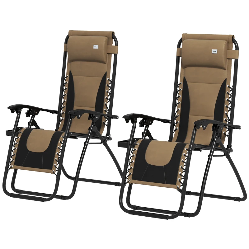 Outsunny Zero Gravity Lounger Chair Set of 2, Folding Reclining Patio Chair with Padded Seat, Cup Holder, Soft Cushion and Headrest for Poolside, Camping, Coffee