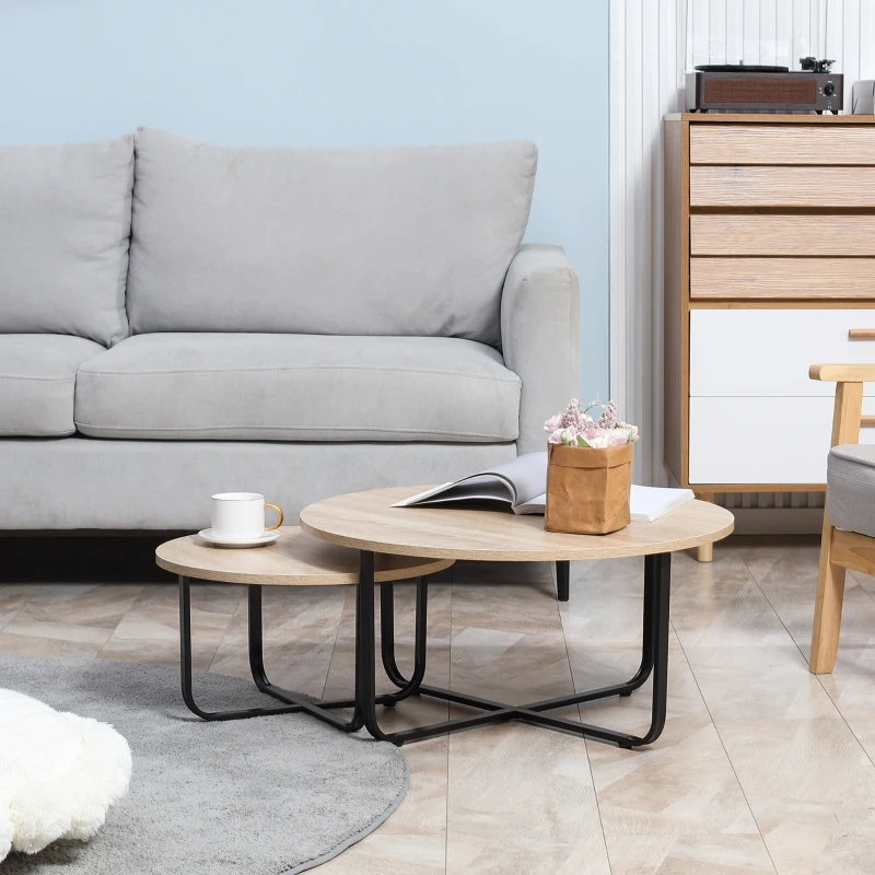 HOMCOM Lot de 2 tables gigognes tables basses rondes style industriel plateau aspect bois clair et piètement en métal noir