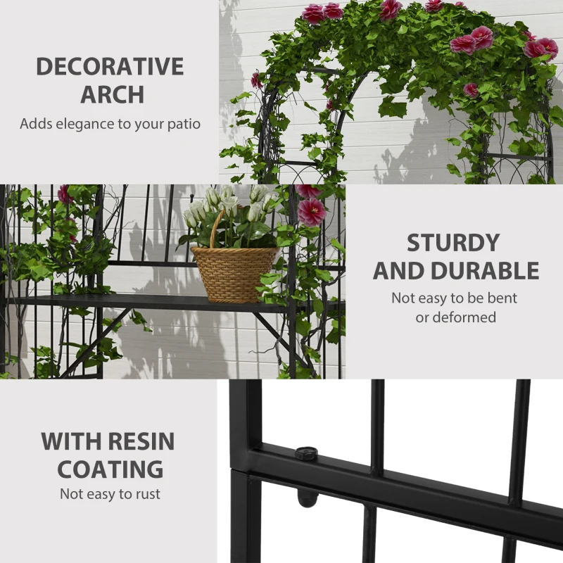 Outsunny Garden Metal Arch Bench Outdoor Patio Rose Trellis Arbour Pergola for Climbing Plant Antique Style 2-Seater Chair, Black