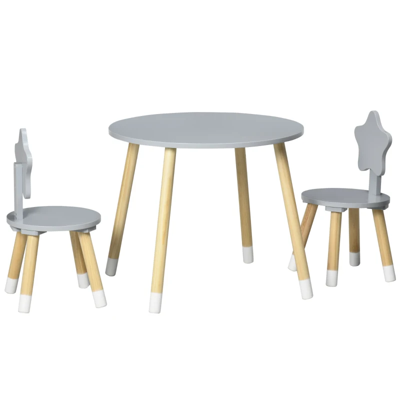 HOMCOM Juego de Mesa y 2 Sillas de Madera para Niños Mesa Redonda Ø59x50 cm y Sillas Ø28x51 cm Muebles Infantiles Gris