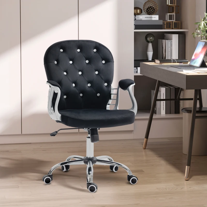 Vinsetto Bürostuhl, Knopfheftung, Samtoptik, höhenverstellbar, ergonomisch, bis 120 kg, Schwarz
