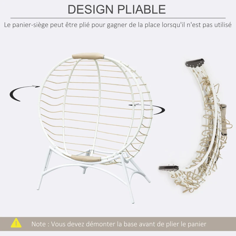 Outsunny Fauteuil cocon œuf sur pied pliant 118 x 75 x 142 cm avec coussin beige inclus métal résine blanc et beige