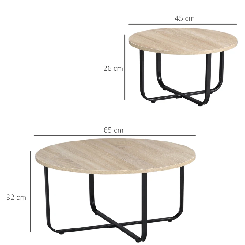 HOMCOM Lot de 2 tables gigognes tables basses rondes style industriel plateau aspect bois clair et piètement en métal noir