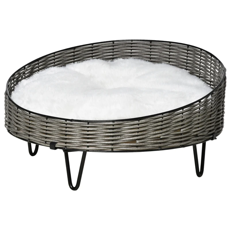 PawHut Cama para Perros Gatos de Mimbre Redonda Cesta Ratán para Mascotas Pequeños con Cojín Lavable y Patas Elevadas de Acero Ø60x32 cm Gris y Blanco