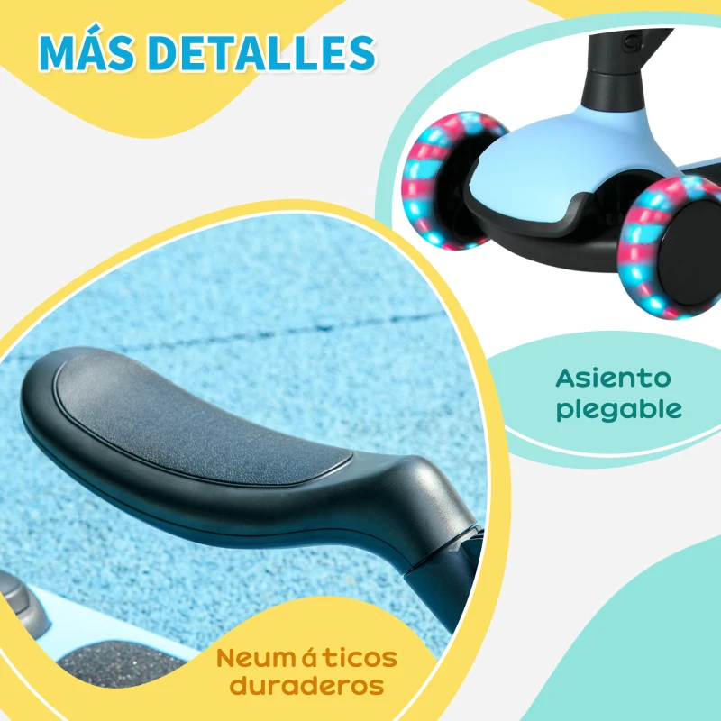 AIYAPLAY Patinete para Niños 2 en 1 con Altura Ajustable Ruedas Brillantes para +18 Meses Carga 50 kg 58x31x64-79cm Azul