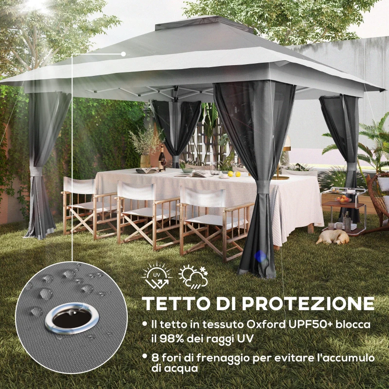 Outsunny Gazebo Pieghevole 3.6x3.6 m con Pareti, Altezza Regolabile e Protezione UPF50+, Borsa con Ruote, Grigio