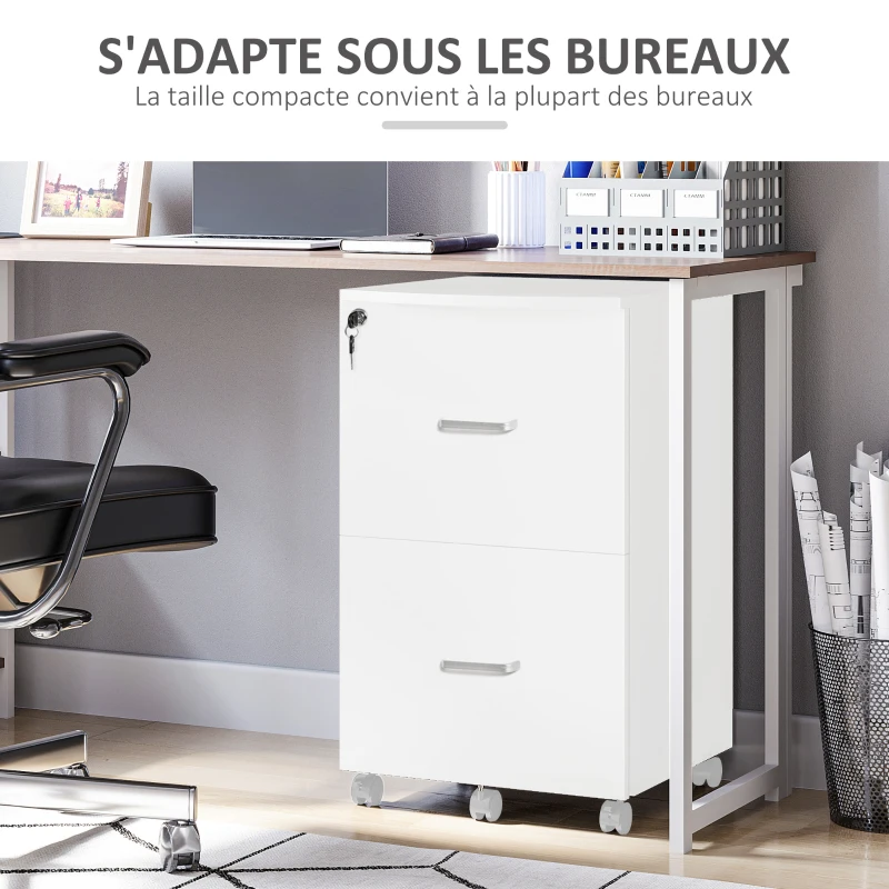 Vinsetto Caisson de bureau rangement sur roulettes dossier meuble armoire de bureau 2 tiroirs verrouillables en MDF panneaux de particules dim. 43L x 45l x 72H cm blanc