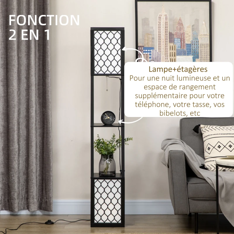 HOMCOM Lampadaire étagère 2 lampes 2 étagères 4 niveaux MDF noir motif nid d'abeille 26 x 26 x 156 cm noir