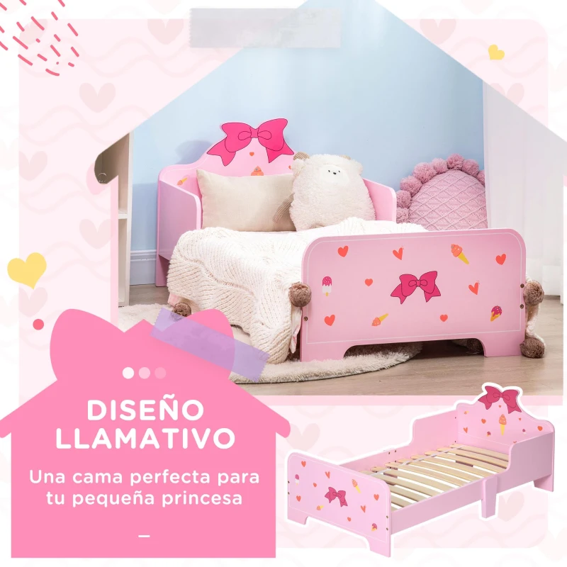 ZONEKIZ Cama Infantil para Niños de 3-6 Años Cama de Madera con Laterales de Protección Carga Máx. 80kg 143x74x59cm Rosa