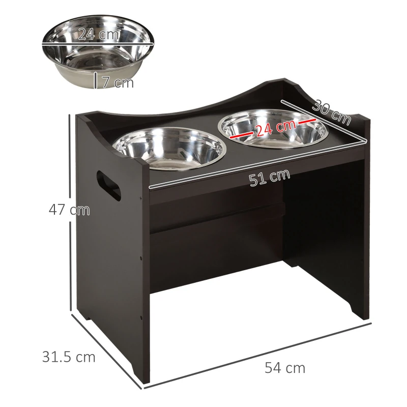 PawHut Raised Dog Bowls Adjustable Elevated Pet Feeder 2 Stainless Steel Dog Cat Bowls MDF Frame Handles, for Large Dogs, Brown