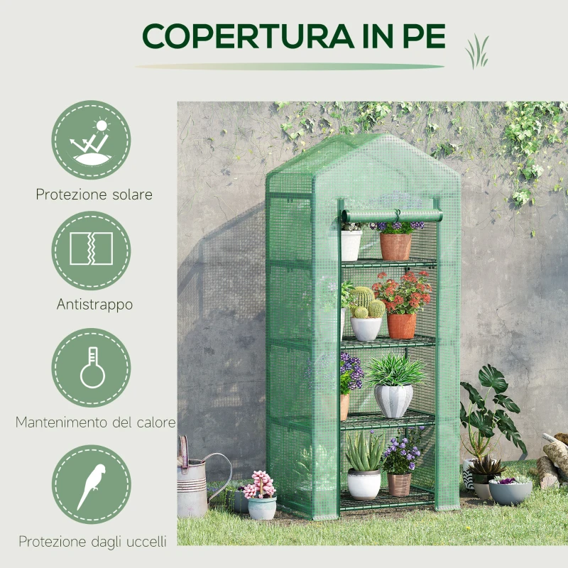 Outsunny Serra per Piante Verticale con Scaffale a 4 Ripiani in Acciaio e PE Verde Scuro, 70x50x160cm