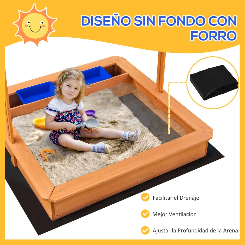 Outsunny Arenero Infantil de Madera con Techo Inclinable Ajustable en Altura y 2 Cubetas de Plástico Cajón de Arena de Jardín para Niños +3 Años 107,5x107,5x110 cm Natural