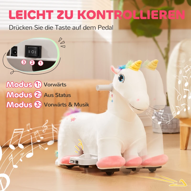 AIYAPLAY 6V Elektrisches Reiteinhorn für Kinder, Batteriebetrieb, Mit Musikfunktion und Vorwärtsbewegung, 18-36 Monate, Weiß(m-6)