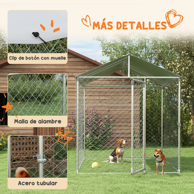 PawHut Jaula de Exterior para Perros Medianos con Cerradura Marco de Acero Toldo Impermeable y Anti-UV 200x200x237 cm Plata