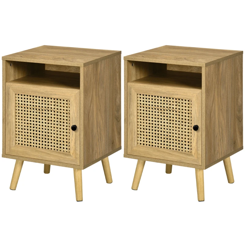 HOMCOM Juego de 2 Mesillas de Noche Estilo Cannage con Puerta y Estante Abierto Mesas Auxiliares 39x35x60 cm Natural