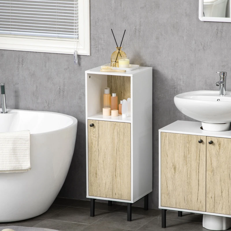 kleankin Armario Auxiliar de Baño con Armario y Estante Abierto para Lavabo Ducha Antivuelco 31,5x30x91cm Roble y Blanco