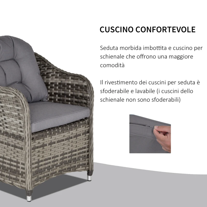 Outsunny 7Pz Set Tavolo e Sedie da Giardino in Rattan con Vetro Temperato da 5mm, Salottino di Lusso da Giardino con Foro per Ombrellone, Grigio