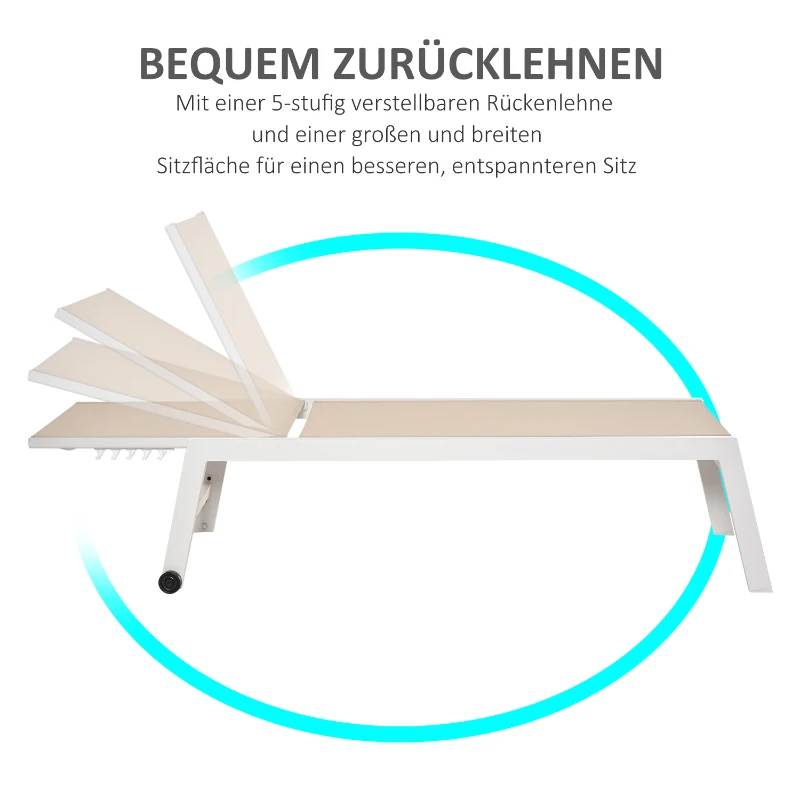 Outsunny Sonnenliege, Gartenliege, 5-stufige Rückenlehne, Aluminium, Cremeweiß, 202 x 65 x 43 cm