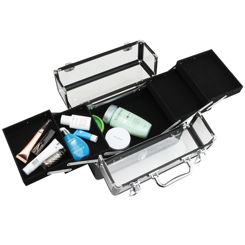HOMCOM Maletín de Maquillaje Bisutería Organizador Cosméticos Portátil Múltiples Niveles Con Asa y Bandejas Desplegables Aleación de Aluminio 30x18,5x22 cm Transparente y Negro