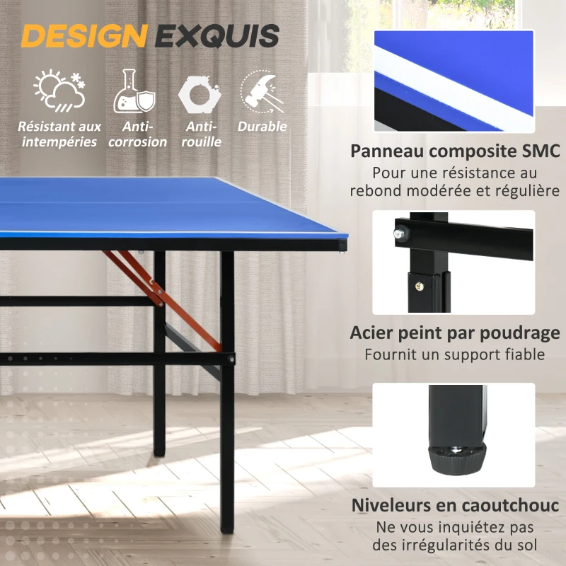 SPORTNOW Table de tennis de table pliable compacte avec 8 roulettes pour intérieur et extérieur 274 x 152,5 x 76 cm bleu