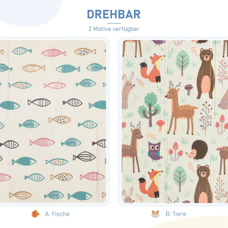 HOMCOM Kinderspielmatte Spielteppich Zwei-Seitige Kinder-Matte Tierische und Fische Muster faltbar leicht rutschfest wasserabweisend pädagogisch XPE mehrfarbig 200x150x1 cm