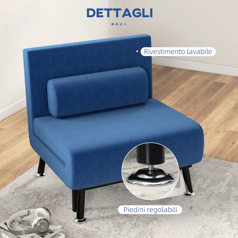 HOMCOM Poltrona Letto con Schienale Regolabile in 5 Posizioni, in Tessuto Effetto Lino e Acciaio, 75x70x75 cm, Blu Scuro