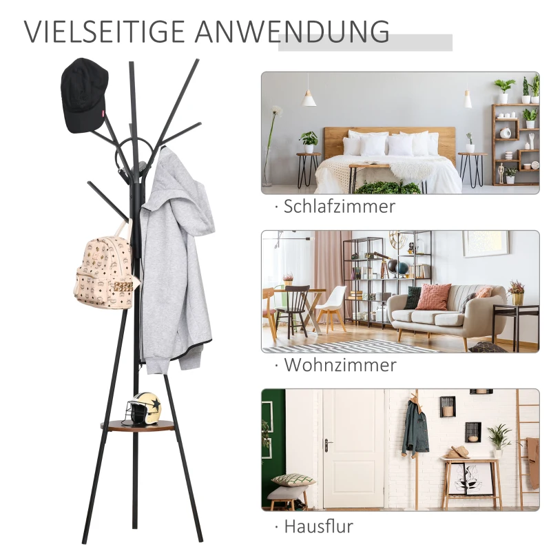 HOMCOM Garderobenständer im Skandidesign, Kleiderständer, 7 Kleiderhaken, Schwarz + Braun