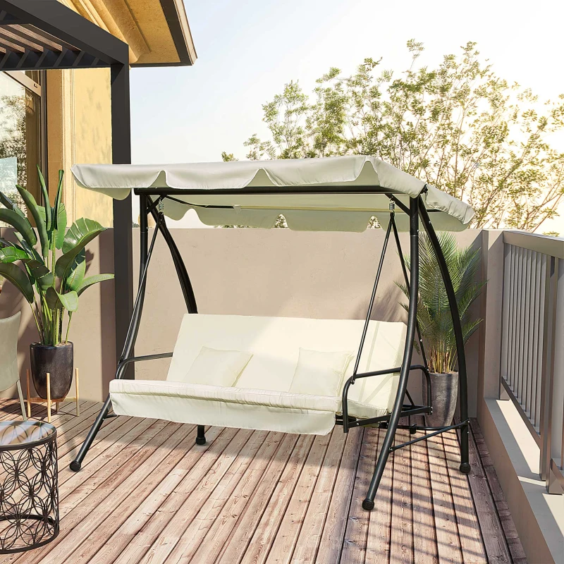 Outsunny Dondolo da Giardino 3 Posti convertibile in Letto con Tetto Reclinabile e Cuscini, 200x125x170 cm, Crema