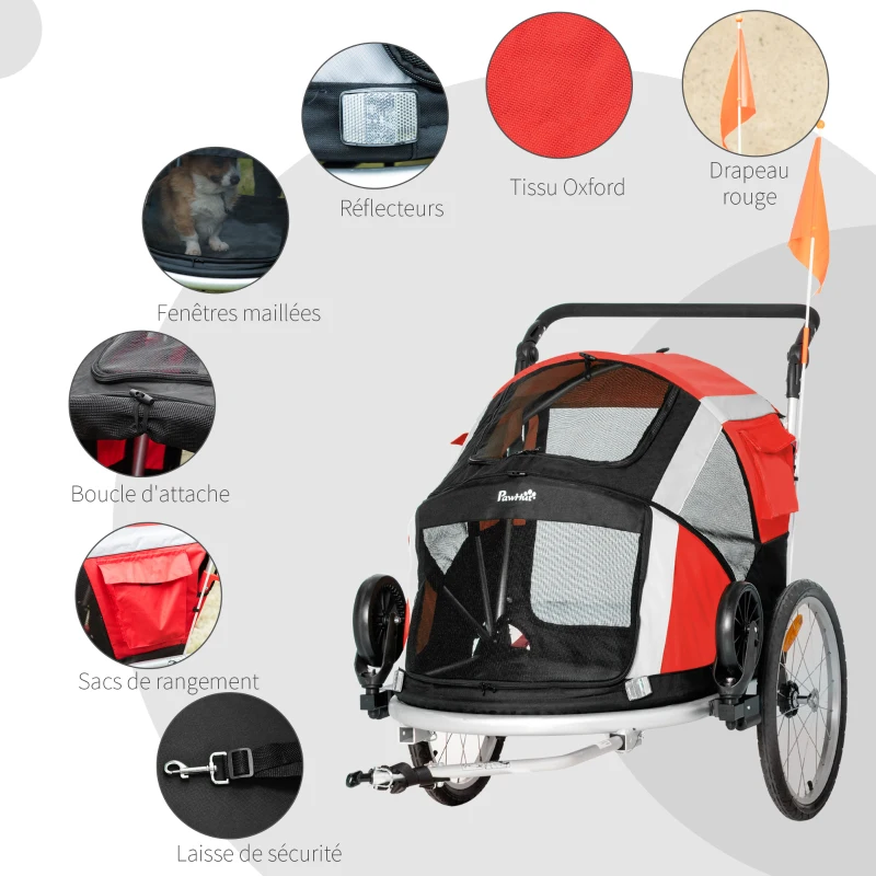 PawHut Remorque à vélo pour chien convertible jogger 2 en 1 pour animaux avec drapeau réflecteurs roues arrières gonflables aluminium