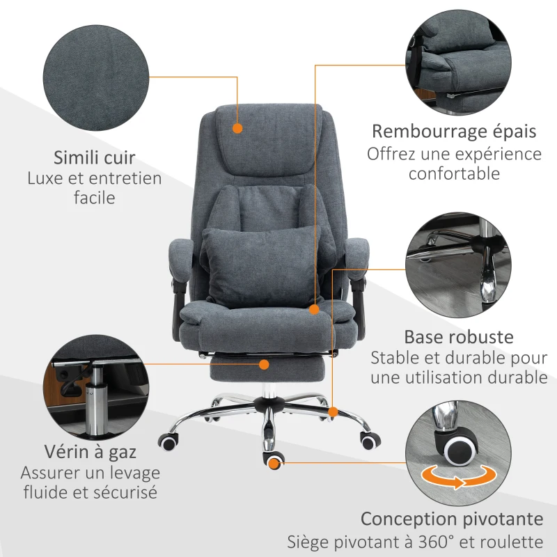 Vinsetto Fauteuil de bureau coussin massant hauteur réglable dossier inclinable repose-pied intégré tiss imitation lin gris