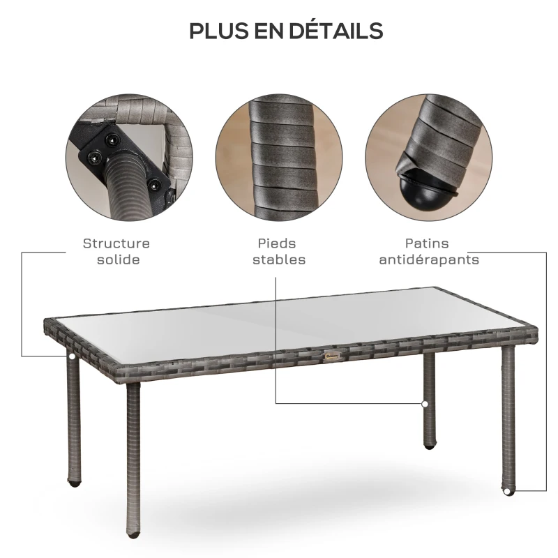 Outsunny Table basse de jardin plateau verre trempé 5 mm résine tressée imitation rotin gris