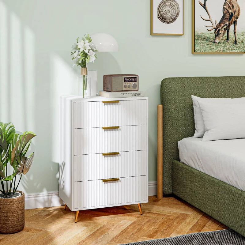 HOMCOM Cómoda de Dormitorio Moderno con 4 Cajones Frentes con Diseño Ondulado Anti-vuelco 60x40x90 cm Blanco(m-7)