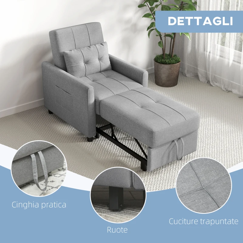 HOMCOM Poltrona Letto Singolo Reclinabile su 3 Livelli con Cuscino Extra, 69x82x85cm, Grigio Chiaro