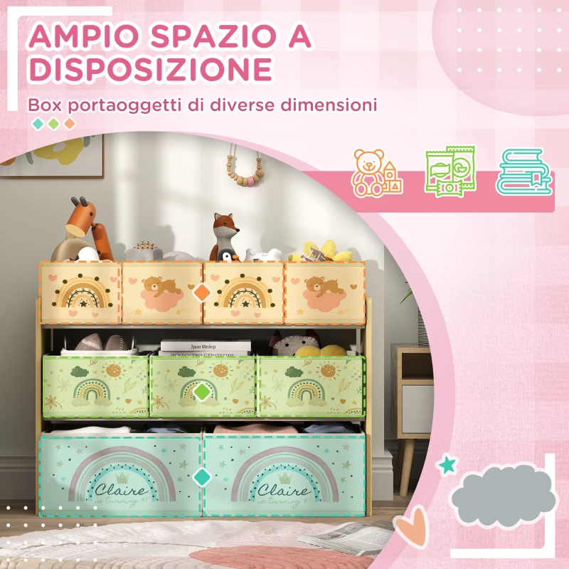 AIYAPLAY Mobile Portagiochi per Bambini a 3 Livelli con 9 Contenitori in Tessuto, 93x30x70 cm, Giallo
