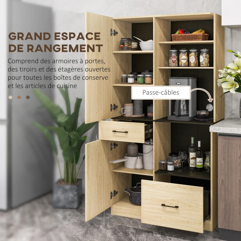 HOMCOM Armoire meuble de cuisine avec 2 tiroirs 2 placards 4 niches étagères réglables et passe-câbles H170 cm noir naturel