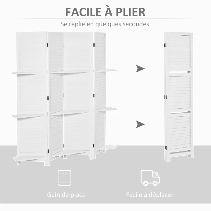 HOMCOM Paravent intérieur en bois 4 panneaux 160 x 170 cm, séparateur de pièce pliable avec 3 étagères, cloison de séparation pour salon, chambre à coucher, maison, blanc