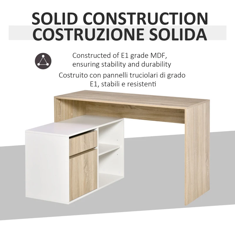 HOMCOM Scrivania Angolare, Scrivania ad Angolo per Computer da Camera o Ufficio, Scrivania Salvaspazio in Legno, Rovere e Bianco