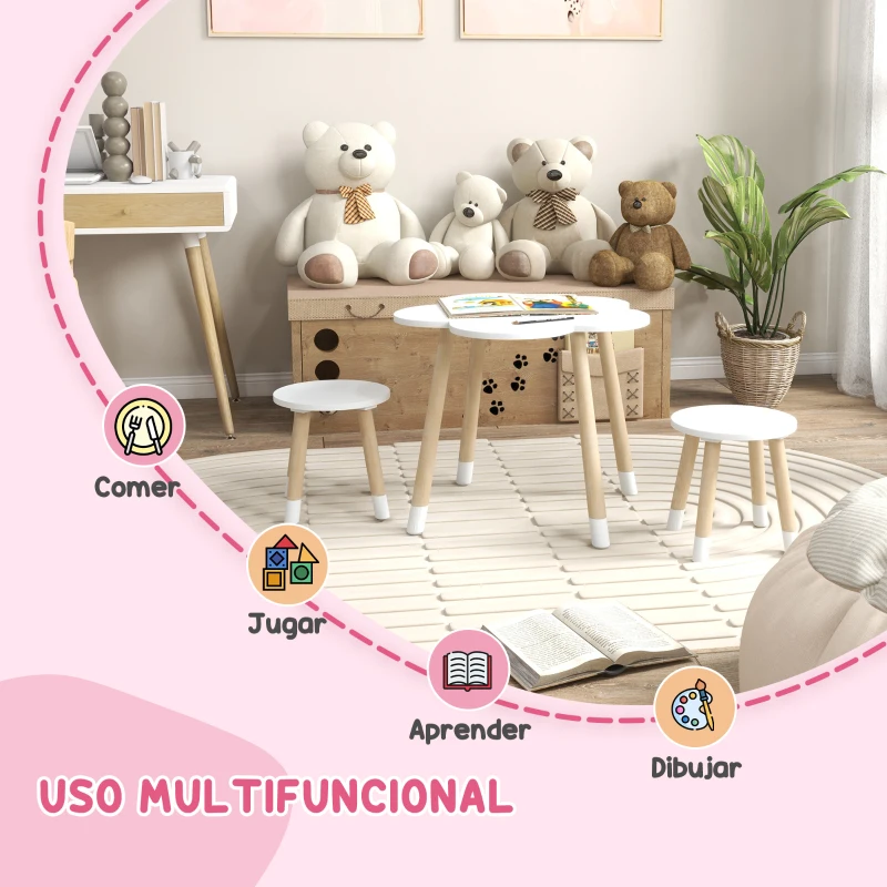 ZONEKIZ Mesa con 2 Sillas para Niños de 2-5 Años con Mesa en Forma de Flores Ø59x50 cm y Sillas Ø28x26 cm Blanco y Natural