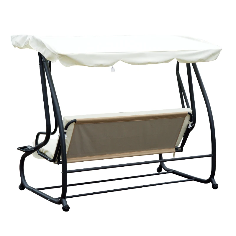 Outsunny Columpio Balancín Jardín 3 Plazas Convertible en Cama Techo Parasol Regulable Bandeja para Bebida Terrza Balcón Exterior Carga máx. 340kg Acero 200x120x164cm Beige