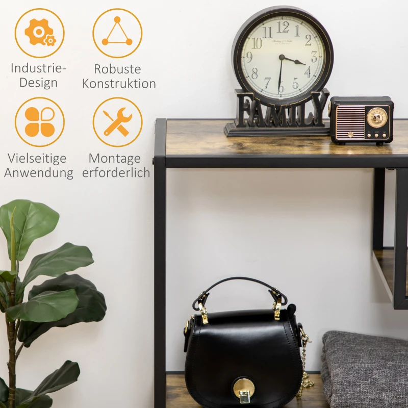 HOMCOM Konsolentisch mit 4 Regalen, industrielle Ästhetik, Anti-Kipp-Design, verstellbare Fußpads, Dunkelbraun/Schwarz