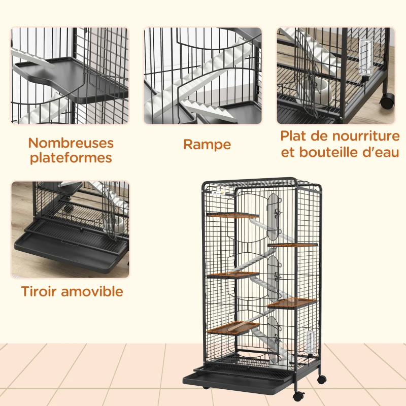 PawHut Cage pour Petits Animaux Roulante 5 Rampes 5 Plates-formes Plat et Bouteille d'Eau 250 ml Bac Inférieur Amovible