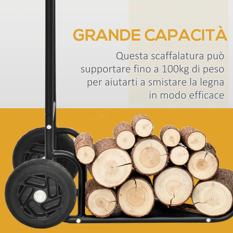 Outsunny Carrello Portalegna in Acciaio con 2 Ruote per Interno ed Esterno, 77x42x105 cm, Nero
