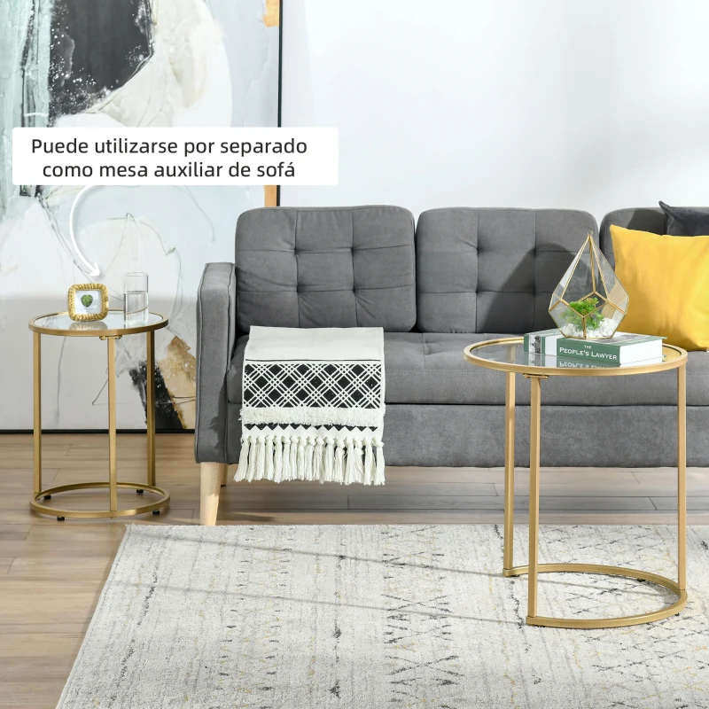 HOMCOM Juego de 2 Mesitas Auxiliares Anidadas con Estructura de Metal y Encimera de Cristal Ø50x58 cm y Ø37x51 cm Dorado