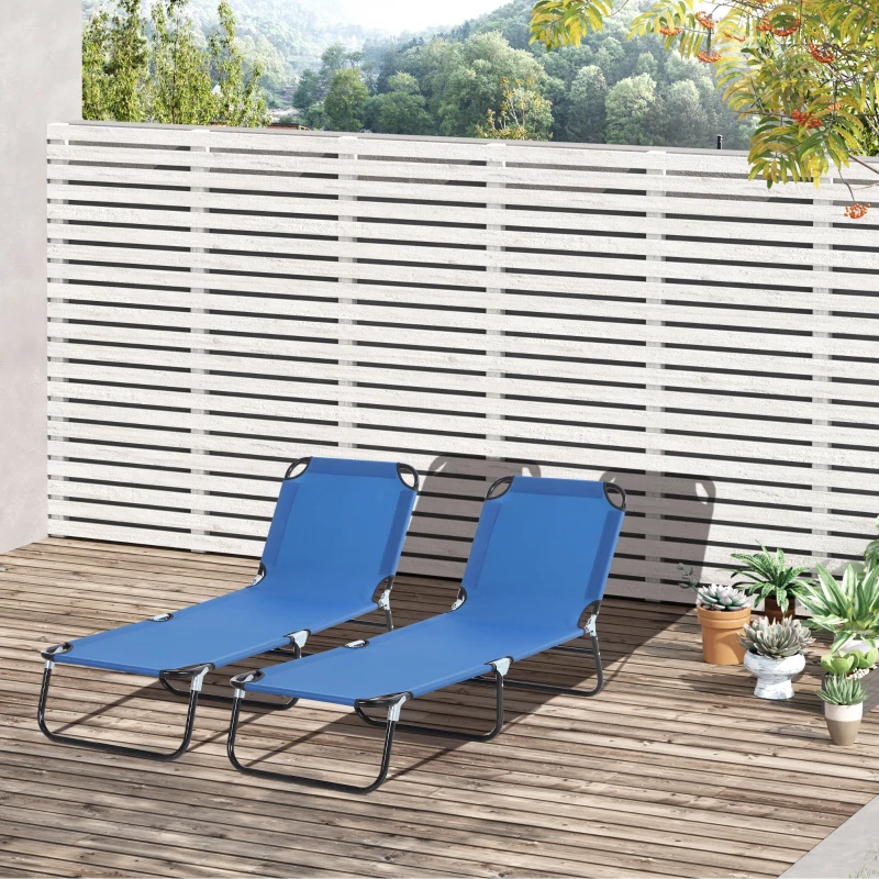Outsunny 2 Piece Foldable Sun Loungers with 5-Position Adjustable Backrest, Outdoor Portable Recliner Chaise Lounge Chairs with Breathable Mesh Fabric, Blue